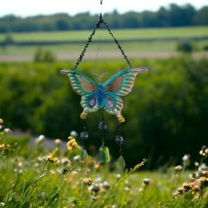 Colorful Butterfly Wind Chime Outdoor Stained Glass Rhinestone Metal Chime Decor